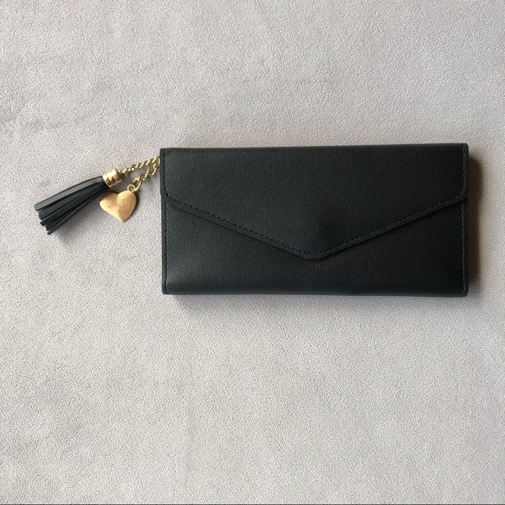 Bifold Long Wallet ~ Black with Heart & Fringe Tassel ~ Brand New!